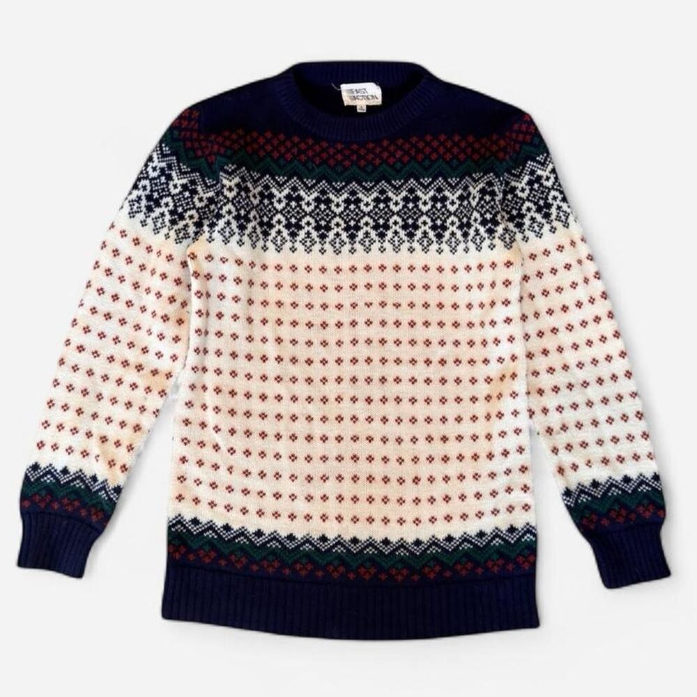Fast Action Vintage Sweater Navy blue with cream/red geometric pattern